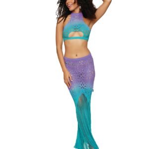 (D) SEAMLESS CROCHET PATTERNED BRALETTE & MAXI SKIRT WISTERIA /OCEAN O/S