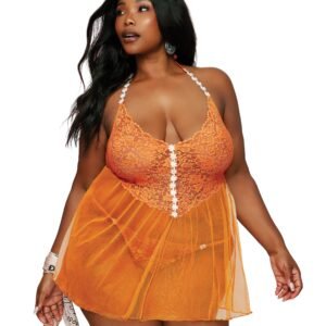 FLORAL LACE & MESH BABYDOLL W/ WHITE DAISY TRIM TANGERINE Q/S