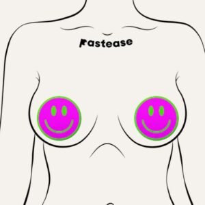 PASTEASE NEON GREEN GLOW IN THE DARK PINK SMILEY FACE BREAST PASTIES