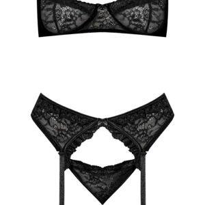 OOH LA LACE DEMI BRA GARTER & TANGA BLACK L/XL