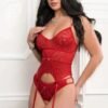 3PC GARTER CORSET TOP OPEN CROTCH PANTY & STOCKINGS RED BRULEE